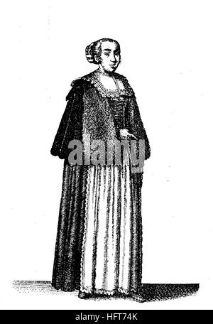 German women's traditional costumes in the 17th century, Clothes of the citizens of Prague, now the Czech Republic, fashion, woodcut from the year 1885, digital improved Stock Photo