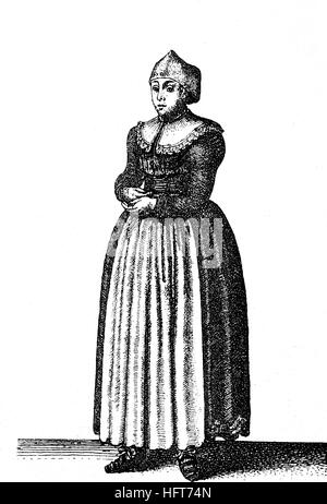 German women's traditional costumes in the 17th century, a woman from Duelmen in the monastery Munster, fashion, woodcut from the year 1885, digital improved Stock Photo