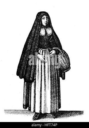 German women's traditional costumes in the 17th century, a woman from Duelmen in the monastery Munster, fashion, woodcut from the year 1885, digital improved Stock Photo