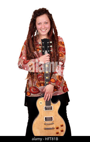 happy girl with dreadlocks hair and guitar Stock Photo