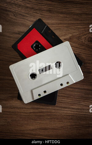 old cassette tapes on wooden background looking down Stock Photo