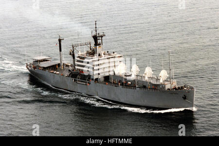 Aerial starboard bow view of the Victory class missile range instrumentation ship USNS RANGE SENTINEL (T-AGM 22) underway. USNS Range Sentinel T-AGM-22 DNSC8510327 Stock Photo