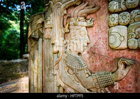 Detail of a bas-relief carving in the ancient Mayan city of Palenque, Chiapas, Mexico Stock Photo