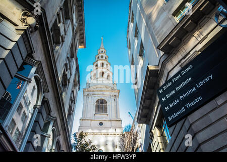 Spire of St Bride's church in the City of London designed by Christopher Wren and said to be inspiration for tiered wedding cake Stock Photo