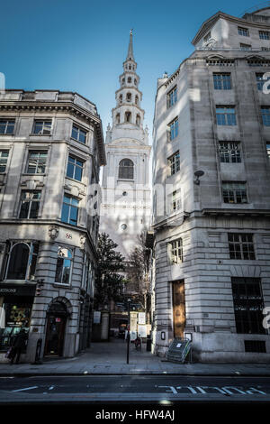Spire of St Bride's Church in the City of London, designed by Christopher Wren and said to be the inspiration for tiered wedding cakes, Fleet Street. Stock Photo