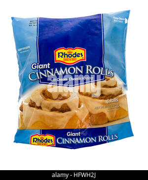 Winneconne, WI - 22 December 2016: Bag of Rhodes giant cinnamon rolls with cream cheese frosting on an isolated background. Stock Photo