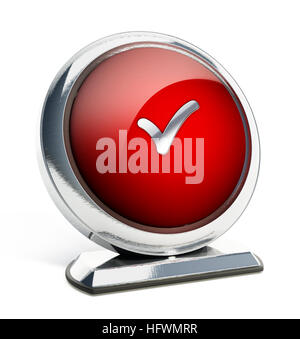 Glossy red button with checkmark symbol. 3D illustration. Stock Photo