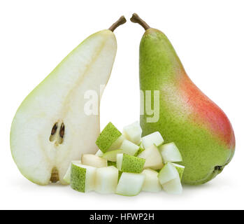 Whole pear, half and diced isolated over white Stock Photo