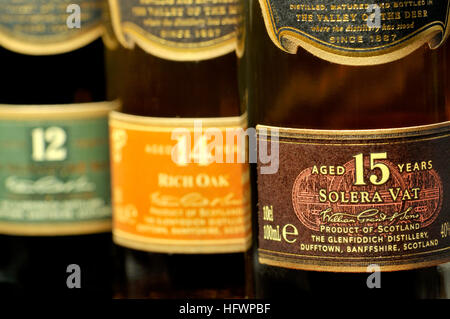 Whisky bottles - (Glenfiddich) 12, 14 and 15 years old Stock Photo