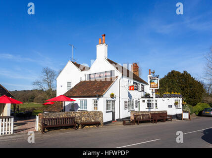 The Barley Mow, a traditional whitewashed country pub on Tilford Green in Tilford, a small village near Farnham, Surrey, UK, on a spring day with blue Stock Photo