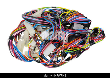 Chaos of colored power wires cables and sockets from industrial devices. Isolated on white Stock Photo