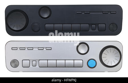 Chinese no name mass production electronic devices control panels  from silver and black plastic. Isolated on white Stock Photo