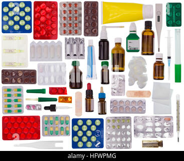 Tablets, pills, mixtures, drugs is contents of the home first-aid kit of a usual average family. Isolated on white big set collage Stock Photo