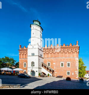 Gothic City Hall with clock tower and Renaissance attic in the Old Town of Sandomierz, Poland Stock Photo