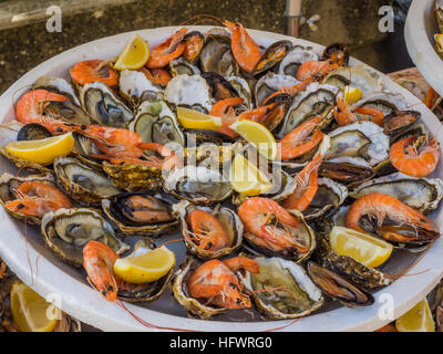 Seafood platter of shrimp and oysters Stock Photo