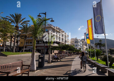 Los Cristianos promenade alongside the beach and port, Tenerife, Canary Islands, Spain Stock Photo