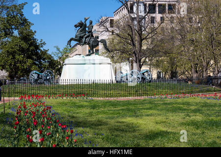 President Andrew Jackson Statue, Lafayette Square, Washington, D.C.  Erected in 1853, it was the first bronze statue cast in the USA. Stock Photo