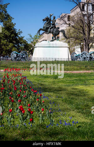 President Andrew Jackson Statue, Lafayette Square, Washington, D.C.  Erected in 1853, it was the first bronze statue cast in the USA. Stock Photo