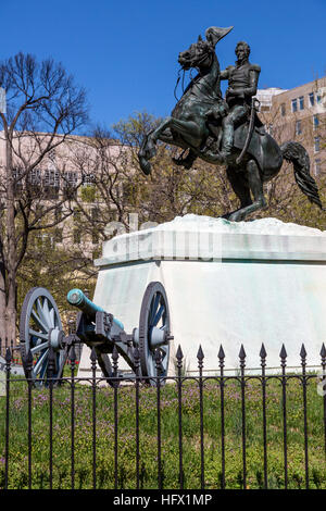 President Andrew Jackson Statue, Lafayette Square, Washington, D.C.  Erected in 1853, it was the first bronze statue cast in the USA. Stock Photo