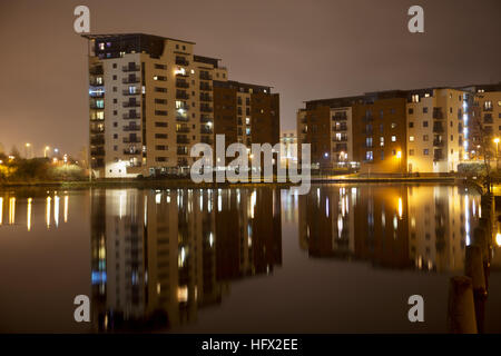 Apartment blocks on the Bute East Dock in the Atlantic Wharf area of Cardiff Bay Stock Photo