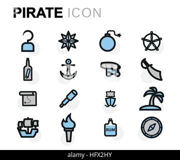 Vector flat pirate icons set on white background Stock Vector