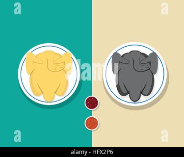 Top view whole Steamed chicken and Roasted turkey, vector Stock Vector
