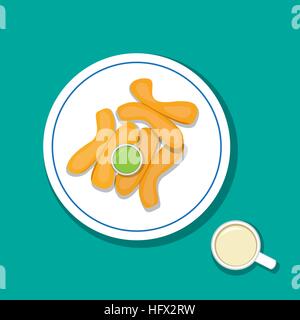 Fried bread stick with pandan custard and soymilk, vector Stock Vector