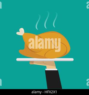 Waiter hand serving Roasted chicken on plate, vector Stock Vector