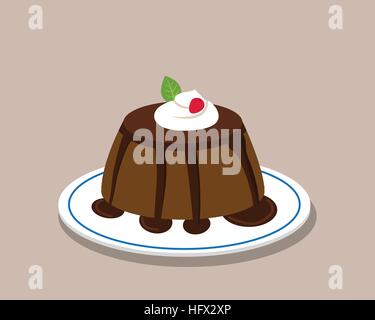 Chocolate pudding on white plate, vector design Stock Vector