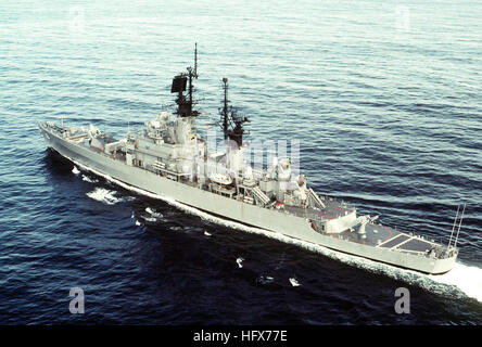 An aerial port quarter view of the guided missile cruiser USS BELKNAP ...