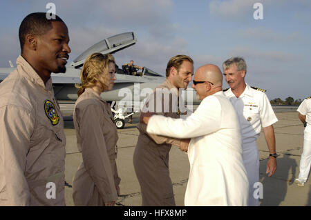 050717-N-7281D-025  San Diego (July 17, 2005) Ð Director Rob Cohen and Commanding Officer, Naval Air Station North Island, Capt. T. G. Alexander, greet the cast of the major motion picture movie ÒStealthÓ, starring Jamie Foxx, Jessica Biel and Josh Lucas. The Hollywood premier screening was held aboard Naval Air Station North Island. The U.S. Navy supported the production and portions of the movie were shot aboard several Navy vessels, including the nuclear powered aircraft carriers USS Nimitz (CVN 68), USS John C. Stennis (CVN 74), and USS Abraham Lincoln (CVN 72). U.S. Navy photo by Photogra Stock Photo
