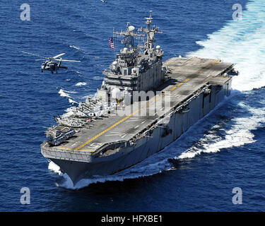 A file photo taken May 30, 2008, of the Tarawa-class amphibious assault ship USS Peleliu under way in the South China Sea. Peleliu intervened in a pirate attack off the coast of Somalia, Aug. 8, 2008. USS Peleliu in the South China Sea DVIDS107766 Stock Photo