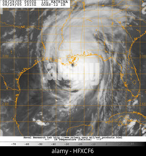 050829-N-0000W-001  Gulf of Mexico (Aug. 29, 2005) Ð GOES-12 Satellite image provided by the U.S. Naval Research Laboratory, Monterey, Calif., showing the status of Hurricane Katrina, at 1015Z or just after 5am EST. The storm crossed South Florida Thursday and headed back to sea in the Gulf of Mexico. The storm's wind is now in excess of 150 mph, a category 4 storm. The National Hurricane Center reported that the Northern wall of Katrina's made landfall at approximately 5am CST, just east of Grande Isle, La. U.S. Navy photo (RELEASED) For more information go to: www.nrlmry.navy.mil/ US Navy 05 Stock Photo