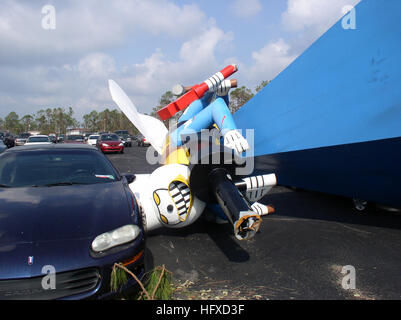 050902-N-0000X-013 Gulfport, Miss. (Sept. 2, 2005) – A giant Seabee statue lays in a parking lot after being blown over by Hurricane Katrina on board Naval Construction Battalion Center (NCBC) Gulfport, Miss. NCBC functions as a support for operating units of the Naval Construction Force. It supports various Naval Mobile Construction battalions, the Naval Construction Training Center and other smaller tenant activities. A Category 4 hurricane, Katrina came ashore on Aug. 29 near the Louisiana bayou town of Buras. U.S. Navy photo (RELEASED) US Navy 050902-N-0000X-013 A giant Seabee statue lays 