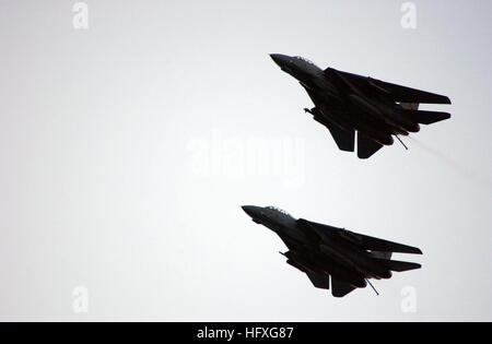 051117-N-6484E-002 Persian Gulf (Nov. 17, 2005) - Two F-14D Tomcats assigned to the 'Blacklions' of Fighter Squadron Two One Three (VF-213), prepare to enter the landing separation break prior to landing aboard the Nimitz-class aircraft carrier USS Theodore Roosevelt (CVN 71). Roosevelt and embarked Carrier Air Wing Eight (CVW-8) are currently underway in the Persian Gulf supporting Operation Steel Curtain, a joint U.S.-Iraqi military offensive aimed at preventing cells of Al Qaeda from entering Iraq through the Syrian border. U.S. Navy photo by Photographer's Mate Stephen Early (RELEASED) US  Stock Photo