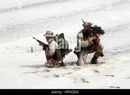 Two Sea-Air-Land (SEAL) team members, one equipped with an AN-PAQ-1 laser target designator, right, the other armed with an M-14 rifle, assume a defensive position after assaulting the beach during an amphibious demonstration for the 14th Annual Inter-American Naval Conference. US Navy SEALs with laser designator Stock Photo