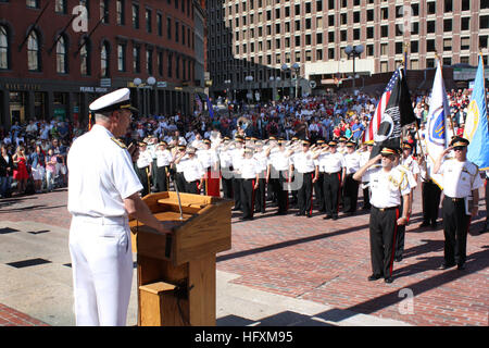 090704-N-8110K-037 BOSTON, Mass. (July 4, 2009) Vice Adm. Kevin McCoy, Commander, Naval Sea Systems Command, delivers remarks during the annual 4th of July flag raising ceremony at Boston City Hall Plaza. The admiralÕs participation in the cityÕs Independence Day ceremony was one of his many stops during Boston Navy Week. Navy Weeks are designed to show Americans the investment they have made in their Navy and increase awareness in cities that do not have a significant Navy presence. (U.S. Navy photo by Chief Mass Communication Specialist Dave Kaylor/Released) US Navy 090704-N-8110K-037 Vice A Stock Photo