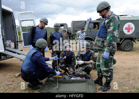 101115-N-8546L-382  MINAS, Uruguay (Nov. 15, 2010) A Uruguayan army explosive ordnance disposal officer explains to her explosive ordnance disposal response team how she plans to remove an improvised explosive device during a field exercise as part of a three-week training course coordinated by the Maritime Civil Affairs and Security Training Command (MCAST). MCAST delivers teams of highly skilled U.S. Navy Sailors to share expertise with partner nations to strengthen international relationships. (U.S. Navy photo by Mass Communication Specialist 1st Class Peter D. Lawlor/Released) US Navy 1011 Stock Photo