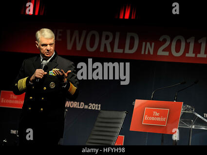 101204-N-8273J-021 NEW YORK (Dec. 4, 2010) Chief of Naval Operations (CNO) Adm. Gary Roughead speaks during The Economist 'World in 2011' Festival. Roughead spoke about the future of the Navy and the world in the next 25 years. (U.S. Navy photo by Chief Mass Communication Specialist Tiffini Jones Vanderwyst/Released) US Navy 101204-N-8273J-021 Chief of Naval Operations (CNO) Adm. Gary Roughead speaks during The Economist Stock Photo