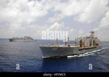 110427-N-ZS026-095 GULF OF ADEN (April 27, 2011) The Military Sealift Command dry cargo and ammunition ship USNS Alan Shepard (T-AKE 3), left, and the fleet replenishment oiler USNS Joshua Humphreys (T-AO 188) are underway in the Gulf of Aden after providing fuel and supplies to the amphibious assault ship USS Boxer (LHD 4). Boxer is underway supporting maritime security operations and theater security cooperation efforts in the U.S. 5th Fleet area of responsibility. (U.S. Navy photo by Mass Communication Specialist 3rd Class Trevor Welsh/Released) US Navy 110427-N-ZS026-095 The Military Seali Stock Photo