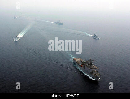 110610-N-VY256-126 SOUTH CHINA SEA (June 10, 2011) The amphibious dock landing ship USS Tortuga (LSD 46) leads the Royal Malaysian Navy frigates KD Lekir (F26) and KD Lekiu (FF30) and the U.S. Navy guided-missile destroyer USS Howard (DDG 83) and the guided-missile frigate USS Ford (FFG 54) while underway supporting Cooperation Afloat Readiness and Training (CARAT) Malaysia 2011. CARAT is a series of bilateral exercises held annually in Southeast Asia to strengthen relationships and enhance force readiness. (U.S. Navy photo by Mass Communication Specialist 3rd Class Christopher S. Johnson/Rele Stock Photo