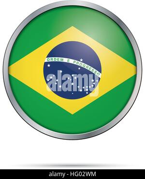Vector Brazilian Flag Button. Brazil flag in round glass button style with metal frame. Stock Vector