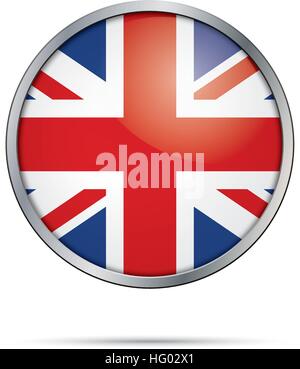 Vector British Commonwealth Flag Button. United Kingdom flag in round glass button style with metal frame. Stock Vector