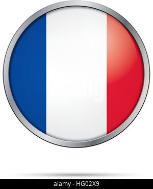 Vector French Flag Button. France flag in round glass button style with metal frame. Stock Vector