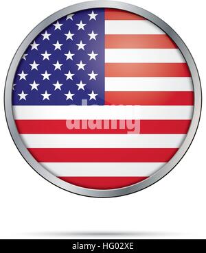 Vector American Flag Button. United States of America flag in round glass button style with metal frame. Stock Vector