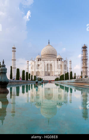 The reflex of Taj Mahal in the water in a hot summer afternoon. Agra, Uttar Pradesh. India Stock Photo