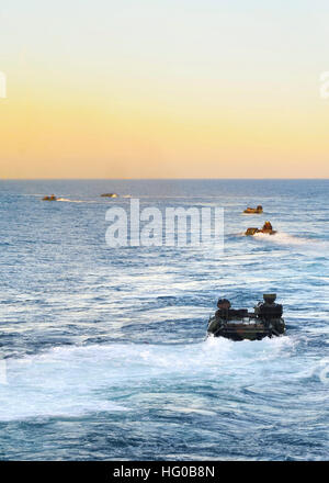 111215-N-QM601-360 ATLANTIC OCEAN (Dec. 15, 2011) Amphibious assault vehicles assigned to Battalion Landing Team (BLT) 1/2 debark from the well deck of the amphibious transport dock ship USS New York (LPD 21) for a beach raid exercise. New York is underway participating in composite training unit exercise, a major requirement for the Iwo Jima Amphibious Ready Group's certification for deployment. (U.S. Navy photo by Mass Communication Specialist Seaman Recruit Scott Youngblood/Released) US Navy 111215-N-QM601-360 Amphibious assault vehicles assigned to Battalion Landing Team (BLT) 1-2 debark f Stock Photo