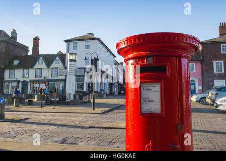 Red post box UK, view of a red post box sited on Angel Hill in Bury St Edmunds, Suffolk, UK. Stock Photo