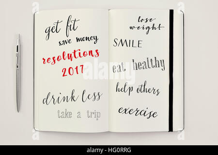 high-angle shot of a notebook with some resolutions for 2107, such as get fit, save money, drink less, take a trip, lose weight, smile, eat healthy, h Stock Photo