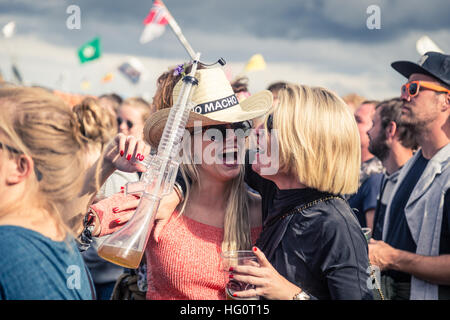 Roskilde, Denmark - June 29, 2016: People celebrating and enjoying a concert at Roskilde Festival Stock Photo